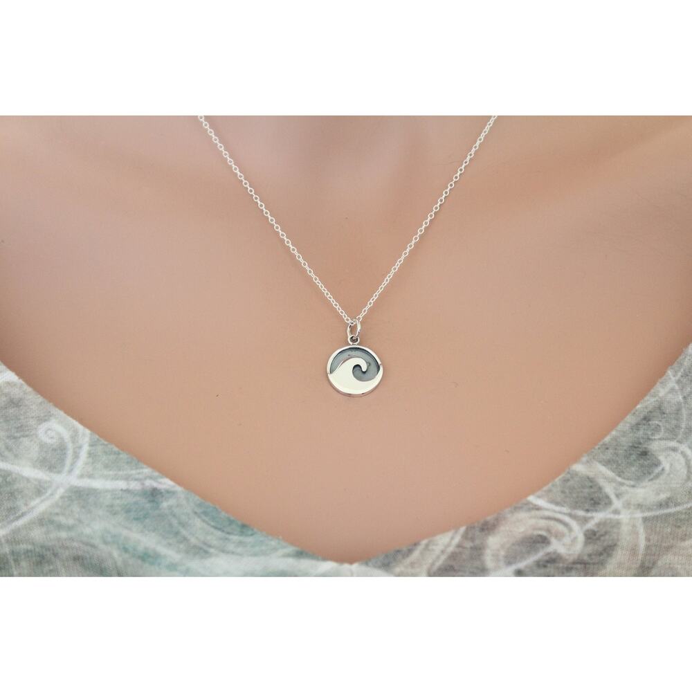 Sterling Silver Wave Charm with Oxidized Background Necklace